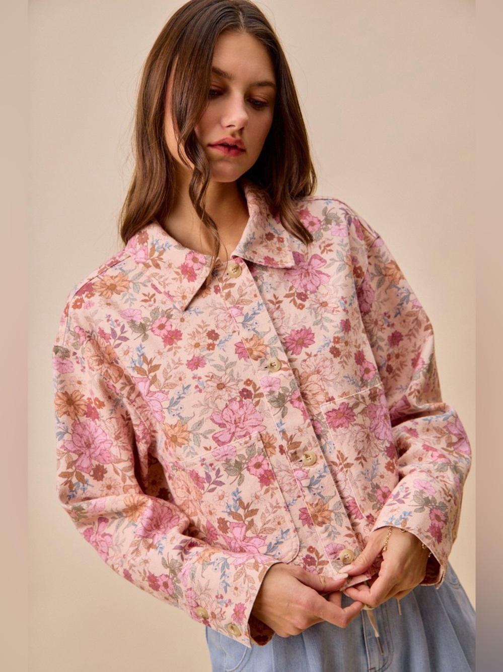 SO ME Floral Print Cotton Twill Button Down Barn Jacket - Picture 5 of 8